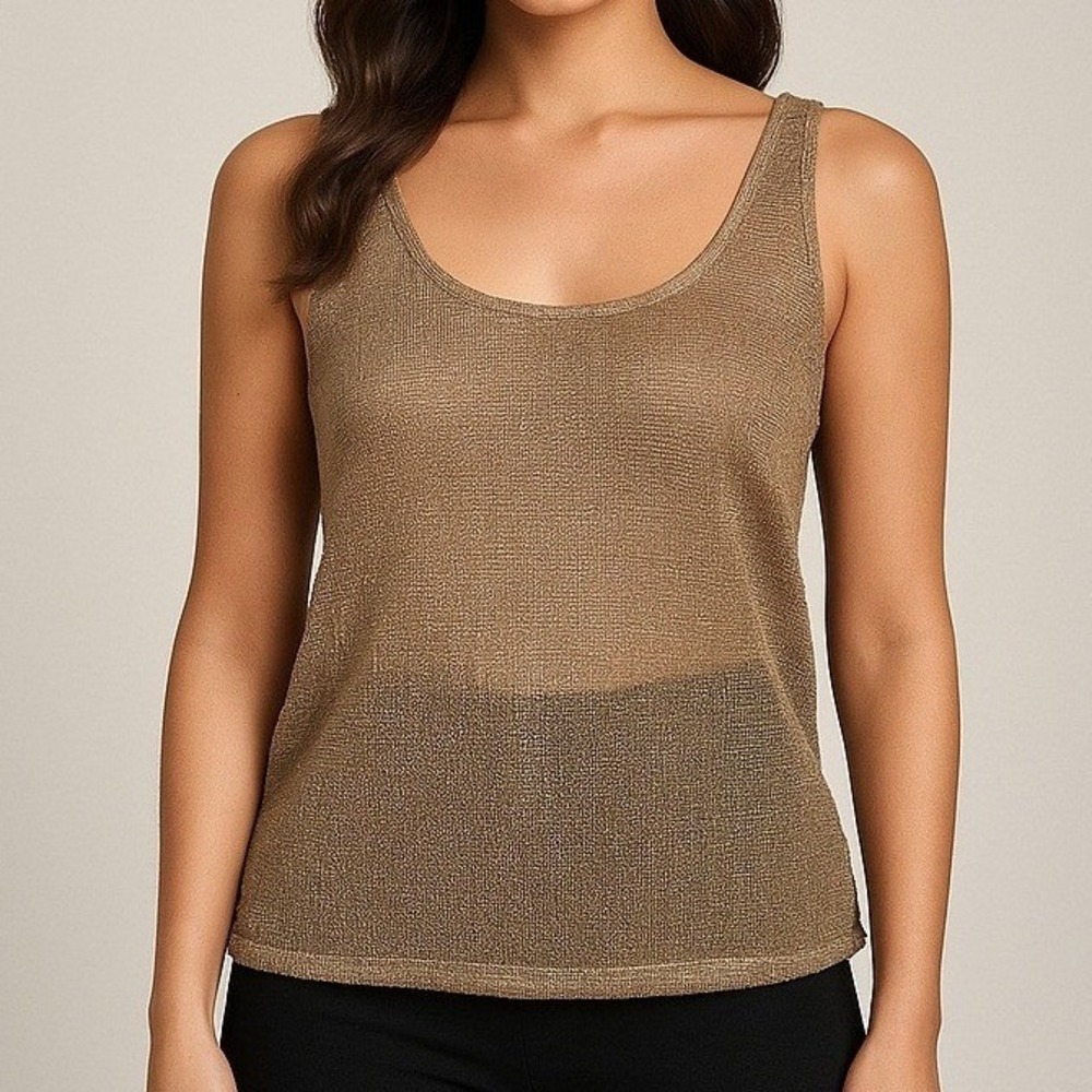 Atoir All I Am Metallic Sheer Tank Top Cinnamon Gold Mesh Scoop Neck Popover